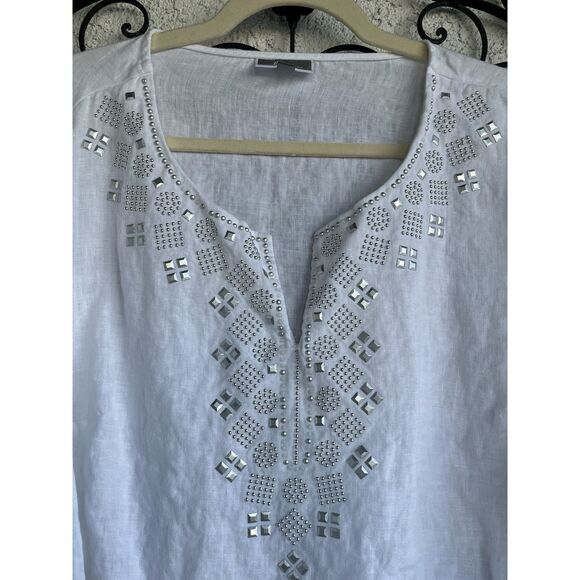 JM Collection Linen Embellished Tunic - Size XL- White - Picture 2 of 9